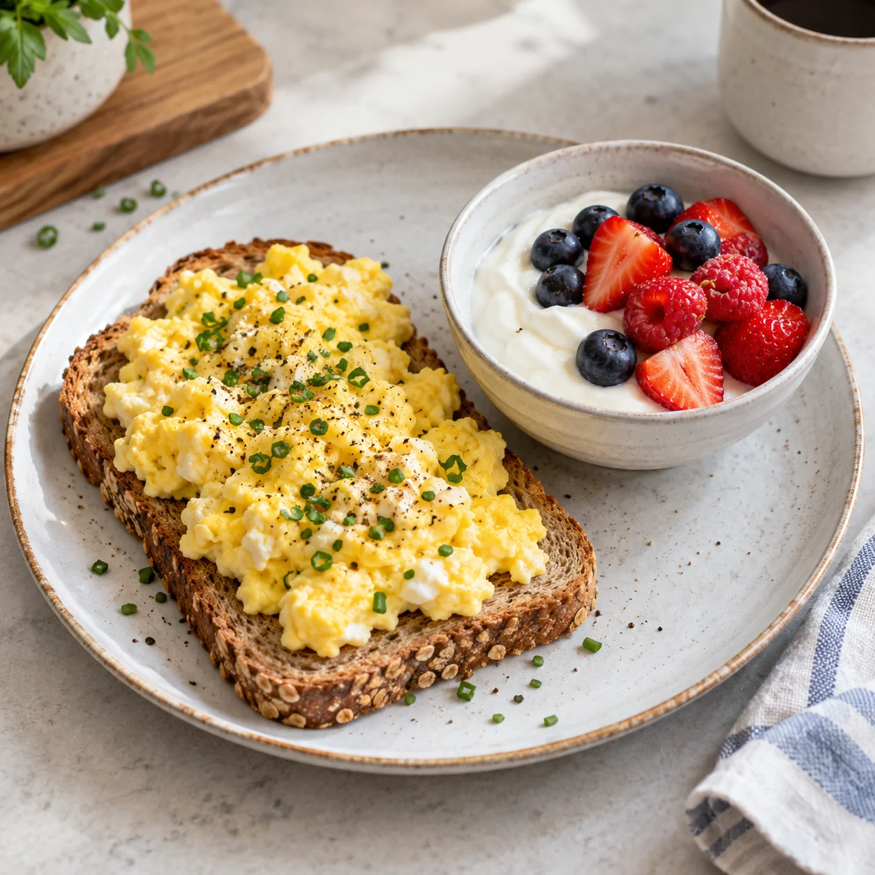 Scrambled eggs on whole-grain toast with Greek yogurt and berries