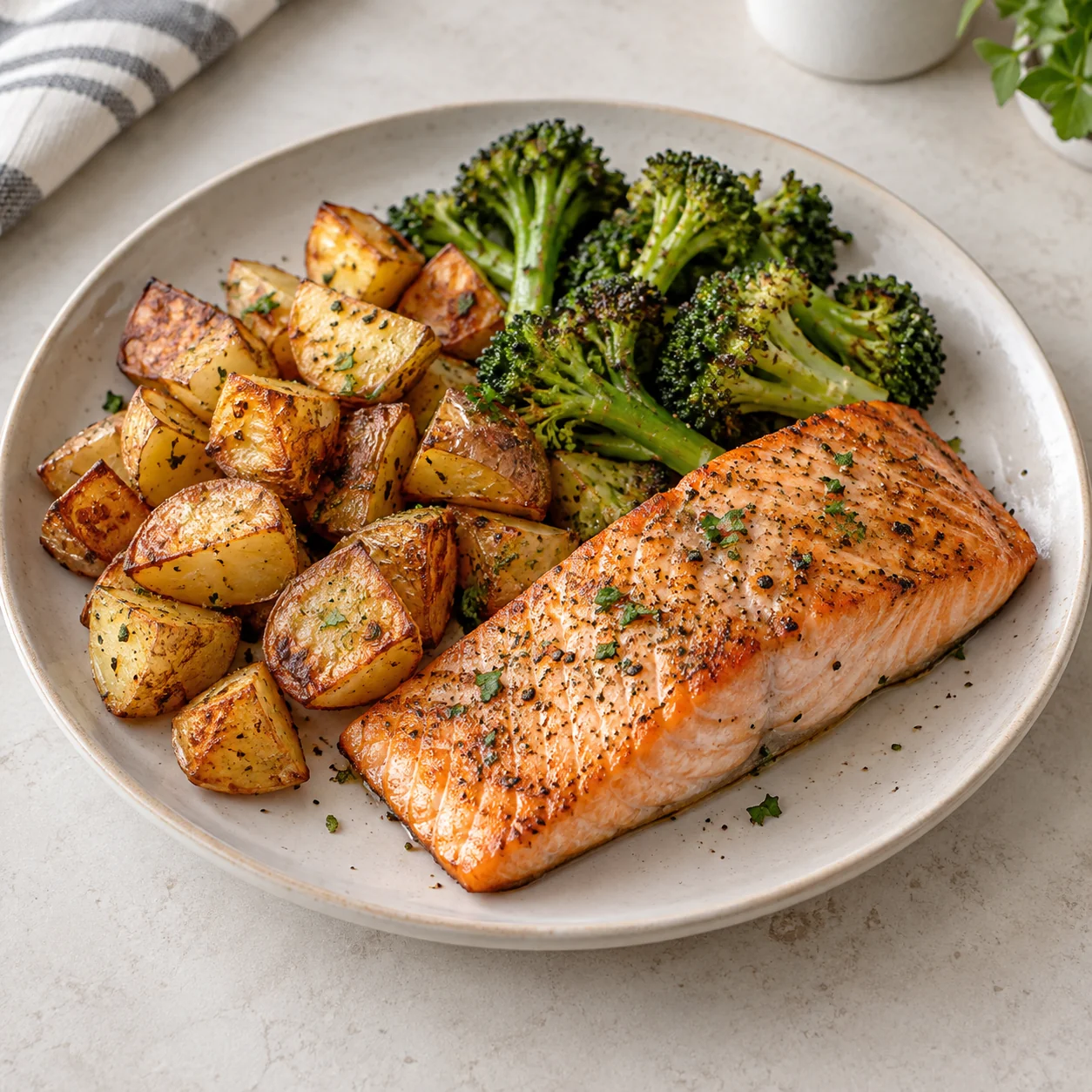 Salmon with roasted potatoes and broccoli