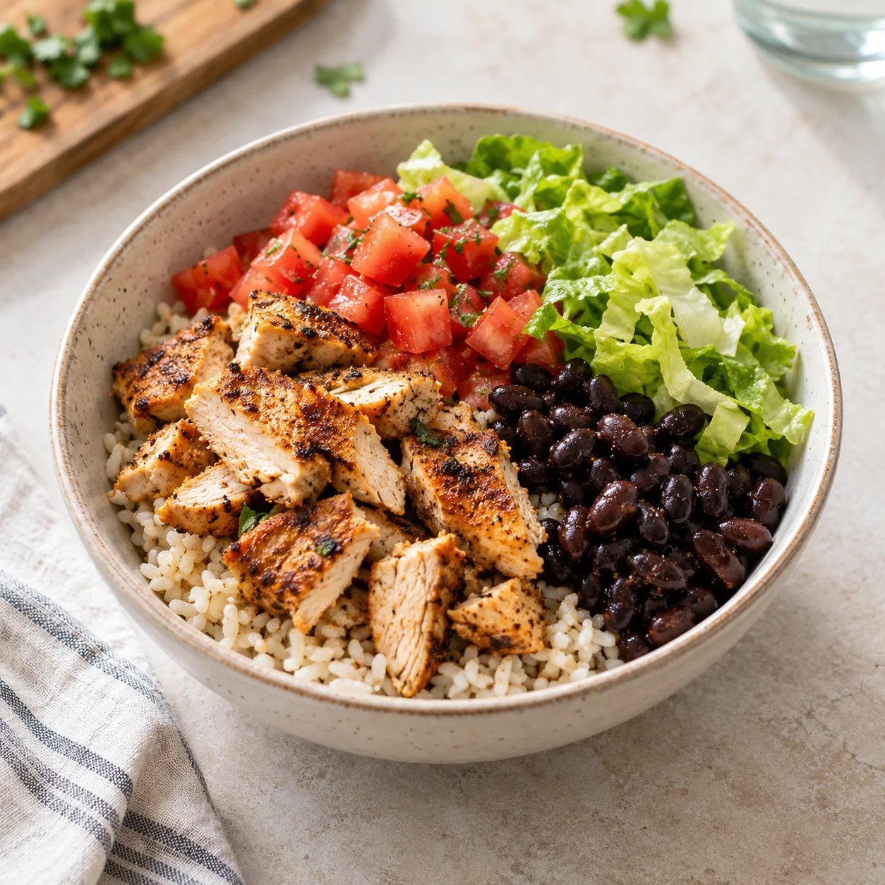 Chicken, rice and black beans with tomatoes and lettuce