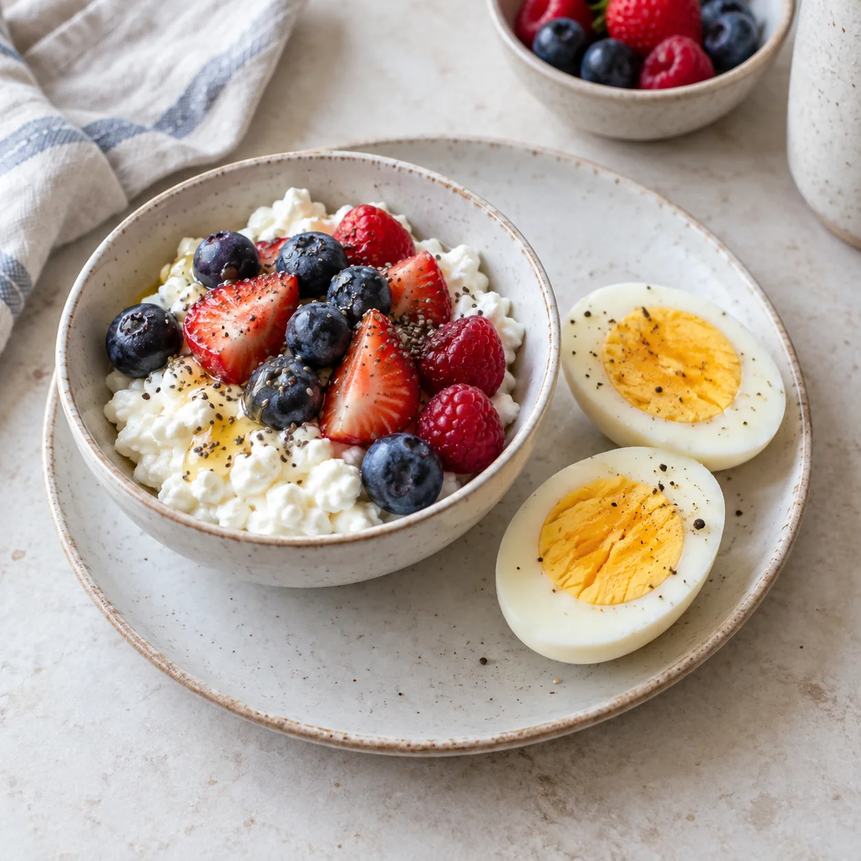 Cottage cheese with berries and a sliced boiled egg